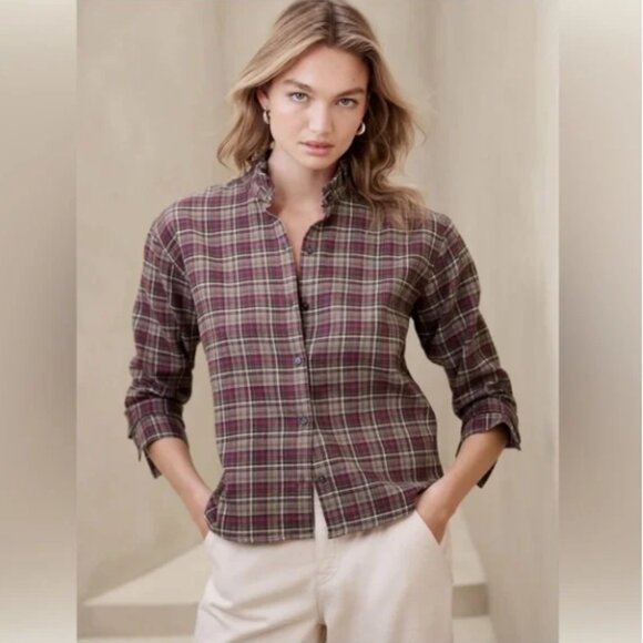 Plaid Flannel Shirt with Ruffle Collar - Banana Republic Factory - Size M - Picture 5 of 6